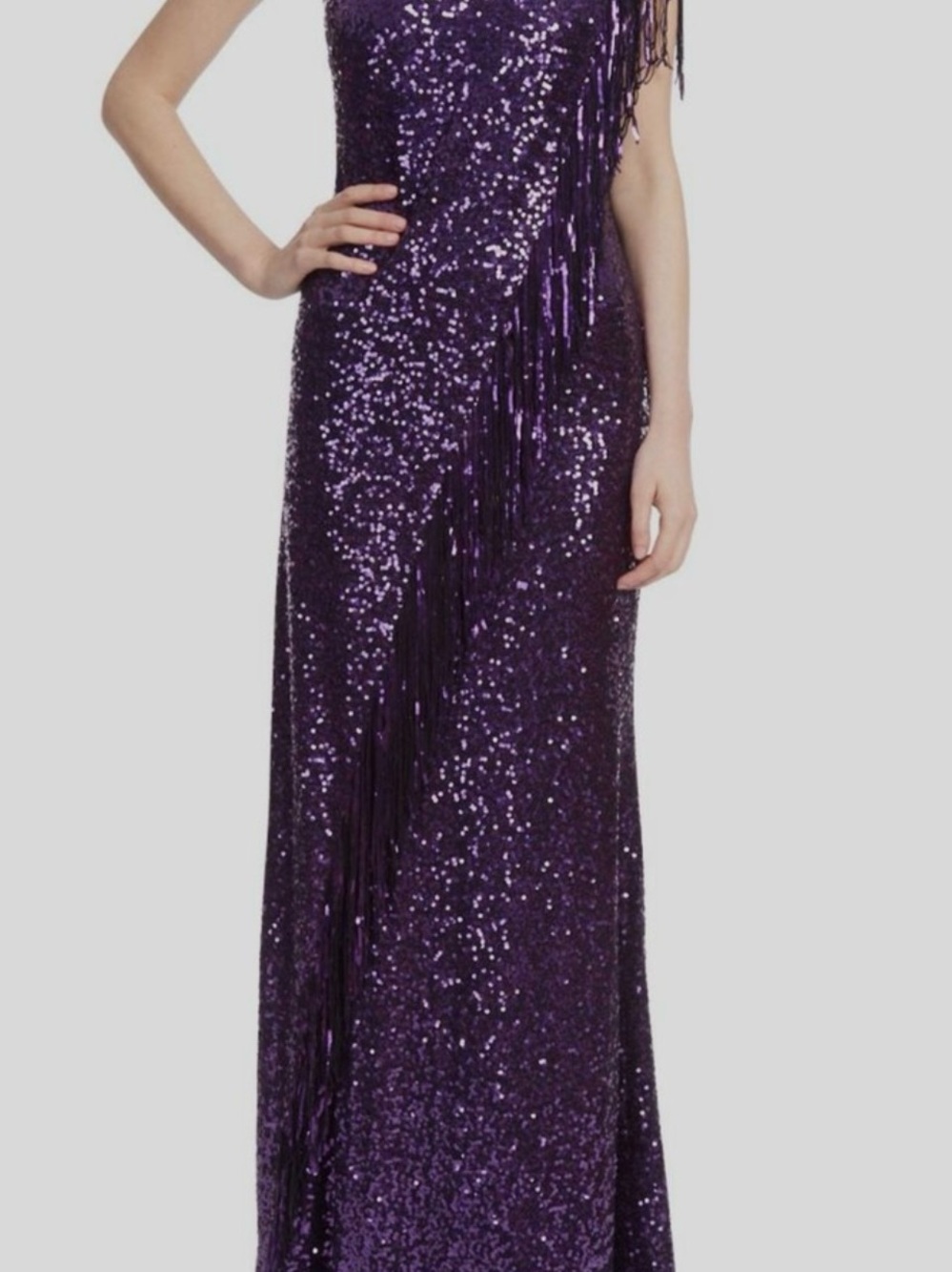 NWT Badgley Mishka Purple Sequin Fringe Evening Gown Size 10
